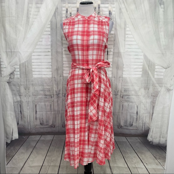 Calvin Klein Pink Plaid Button Down Sleeveless Dress Fit & Flare Cotton Swing - Picture 5 of 13